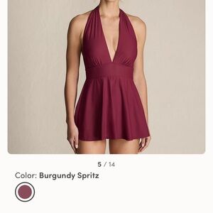 Lands End Halter V-Neck Swim Dress in Burgundy- long straps allows this to vary